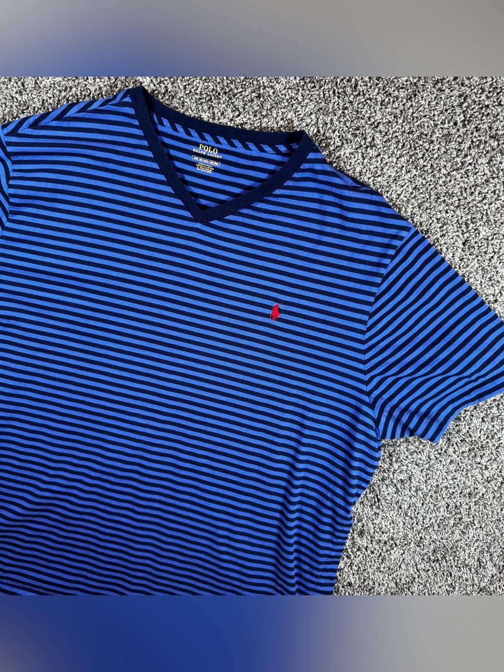 Polo Ralph Lauren Mens XXL Navy Blue Stripe V Neck Short Sleeved Shirt Pony Logo